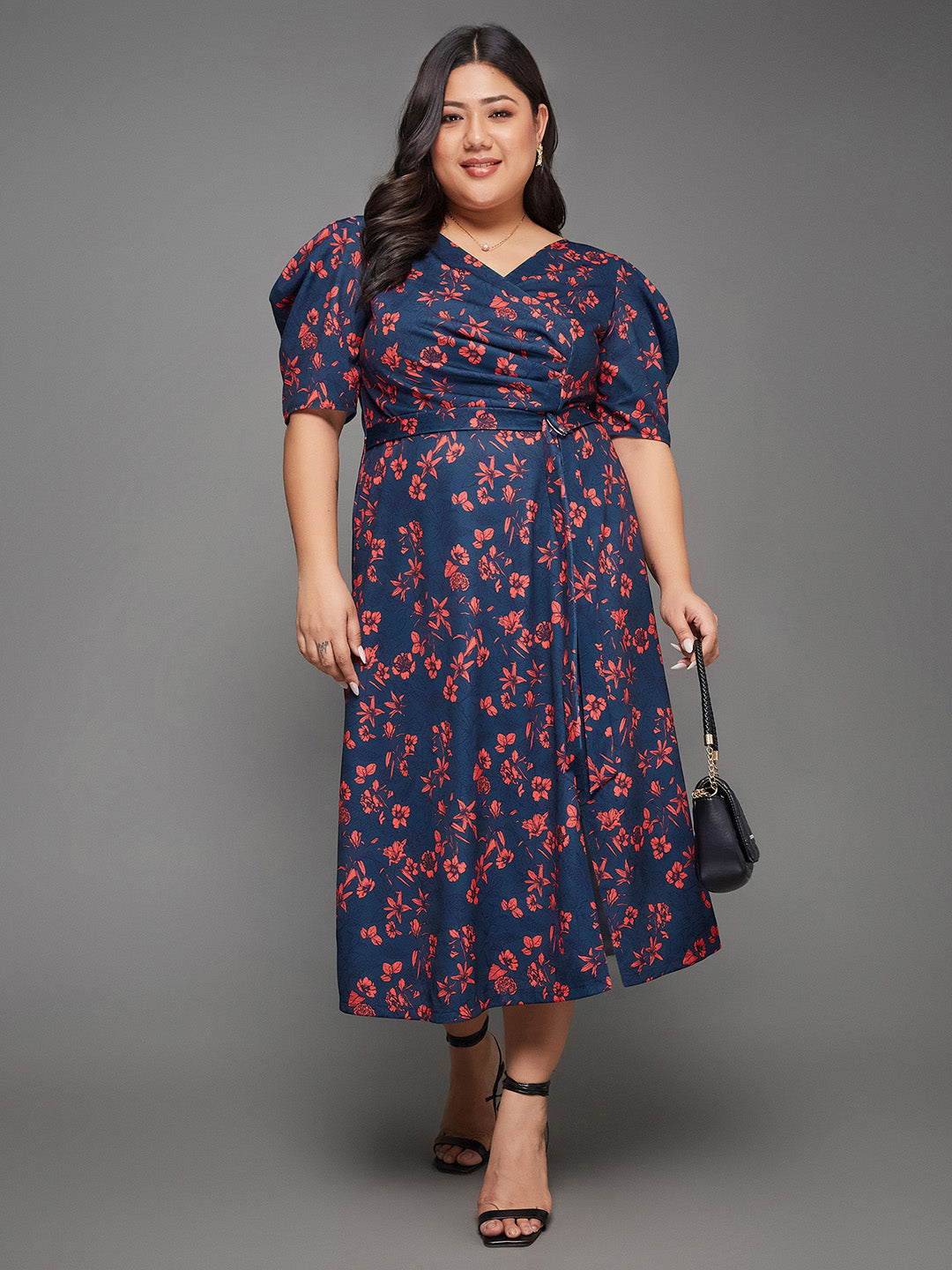 Crease Ease Women's Multicolored-Base-Teal V-neck Puff Sleeve Floral Wrap Midi Dress