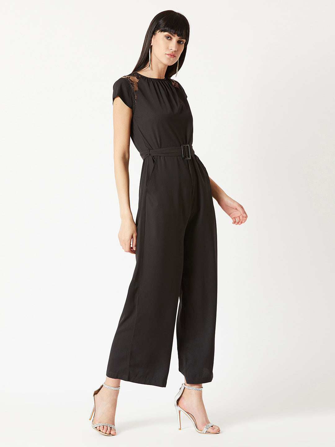 Women's Black Round Neck Cap Sleeve Solid Straight Leg Belted Maxi Jumpsuit