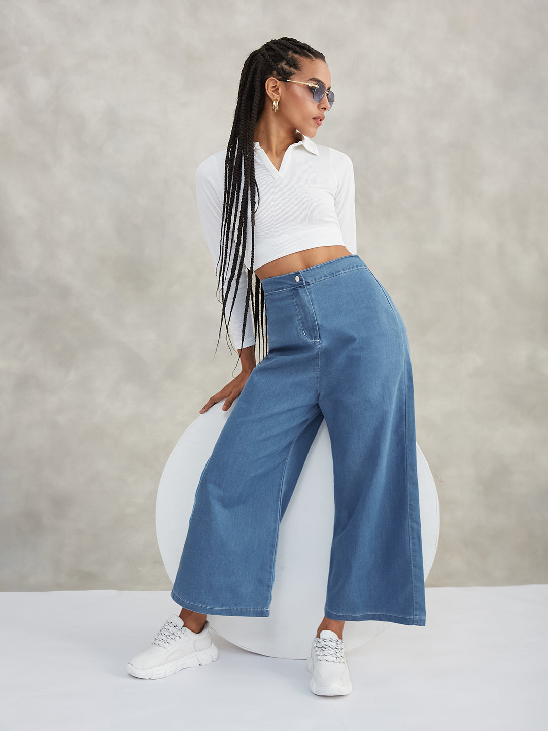 Women's Blue Flared Wide-Leg High-Rise Non-Stretchable Denim Pants