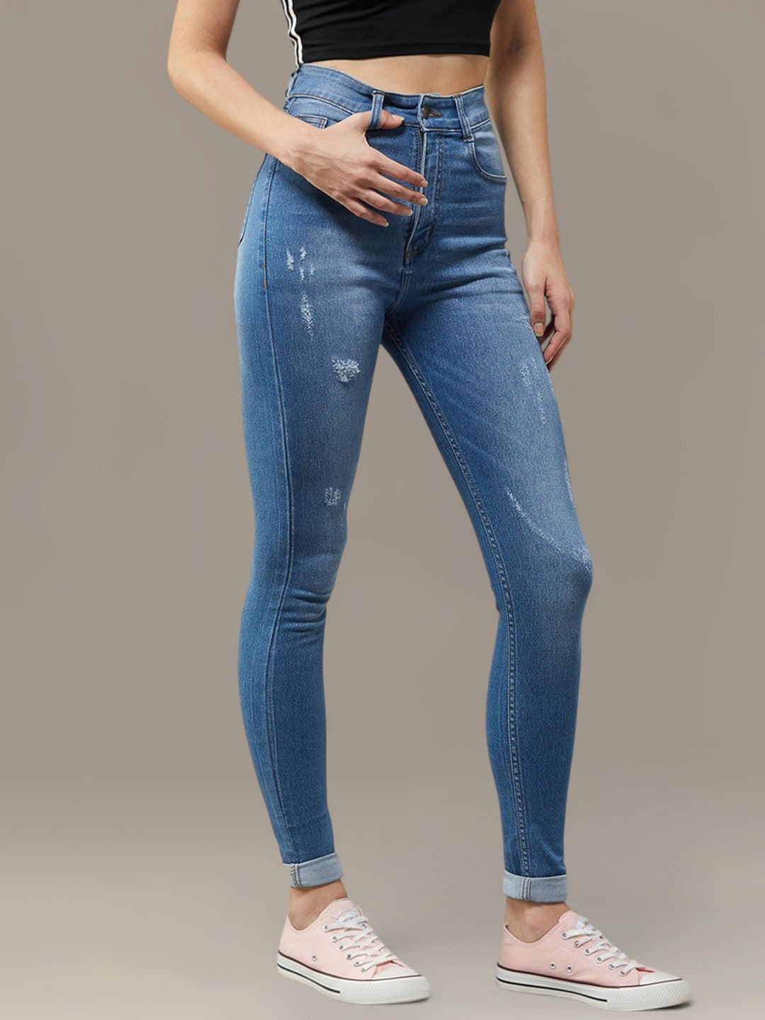 Blue Skinny High Rise Mild Distress Regular Stretchable Denim Jeans for Women