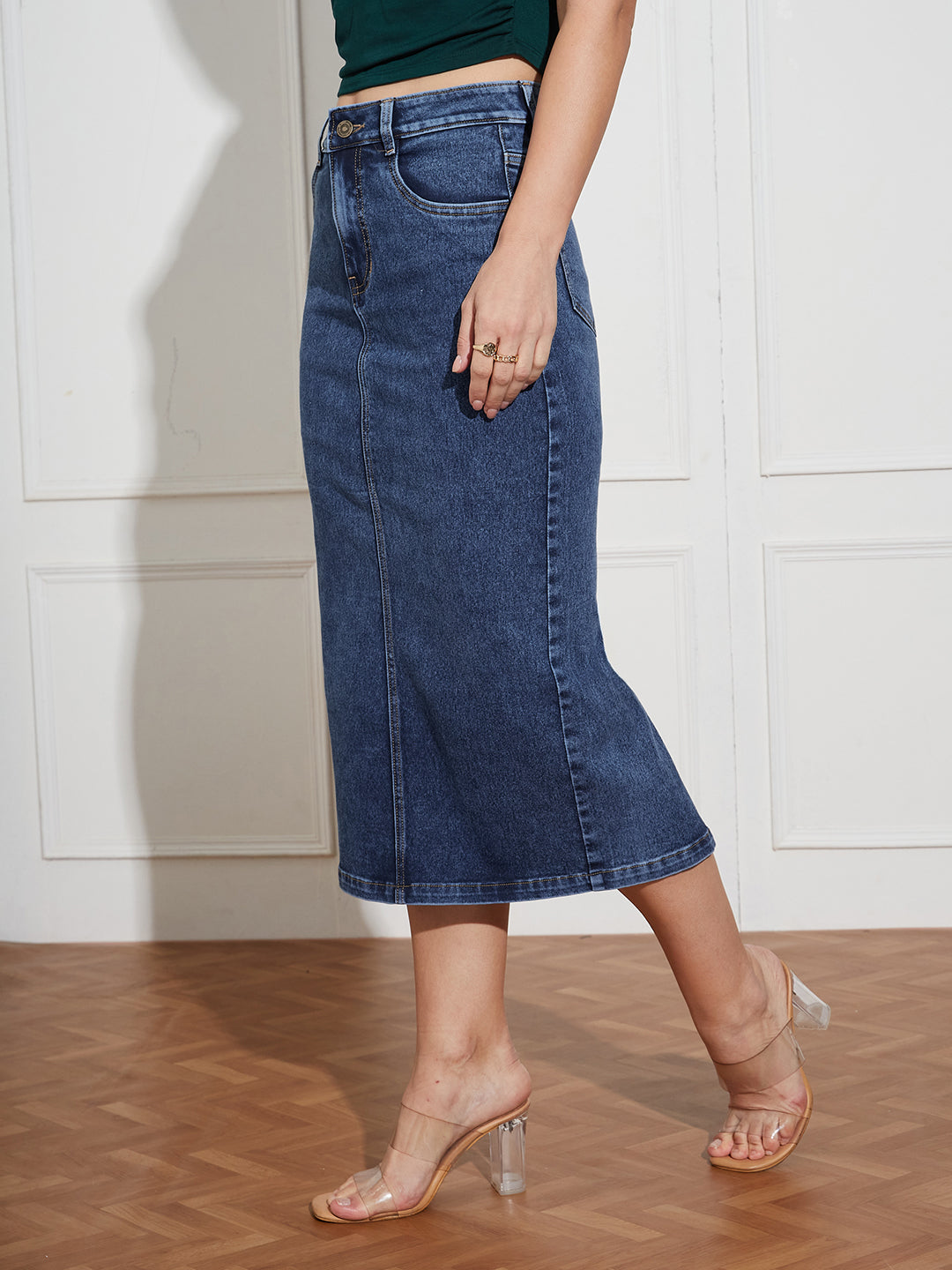 Women's Dark Blue High-Rise Stretchable Denim Midi Skirt with Back Slit – Shaping Fit