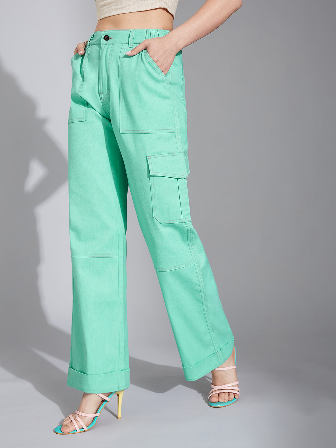 Women's Turquoise Wide-Leg High Rise Clean Look Regular-Length Stretchable Denim Pants