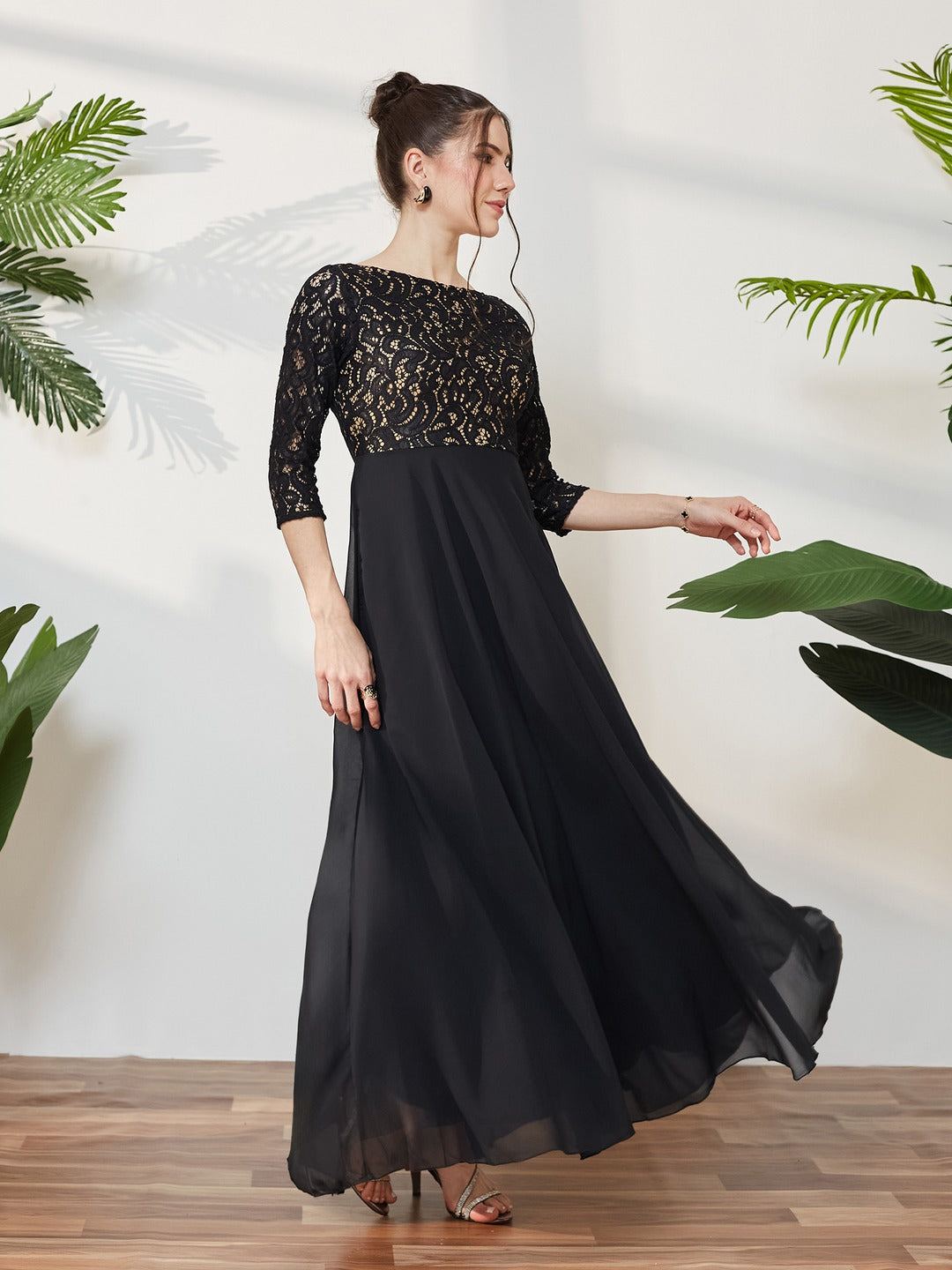 Black Self Design Boat Neck 3/4 Sleeves Side Pocketed Georgette Fit and Flare Maxi Length Dress for Women