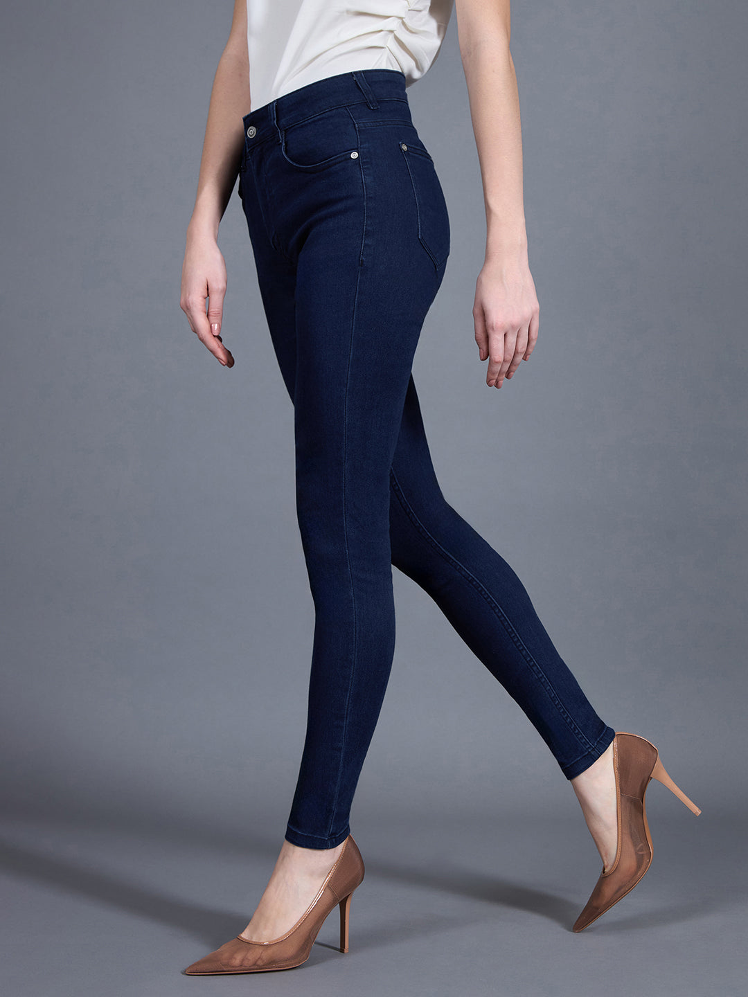 Women's Navy Blue Skinny Fit Mid Rise Regular Length Denim Stretchable Jeans