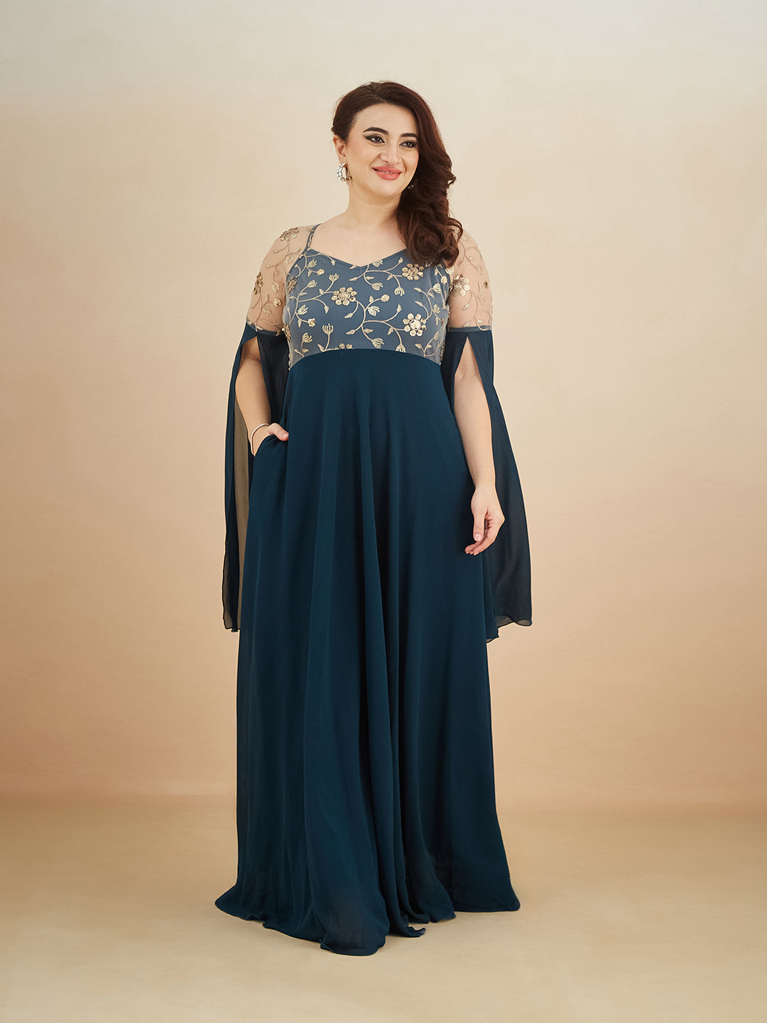 Teal V-Neck Full Sleeve Embroidered Fit & Flare Georgette Maxi Dress for Women