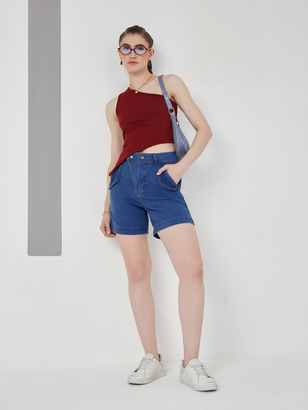 Relaxed-Fit Mid-Rise Stretchable Blue Denim Bermuda Shorts for Women