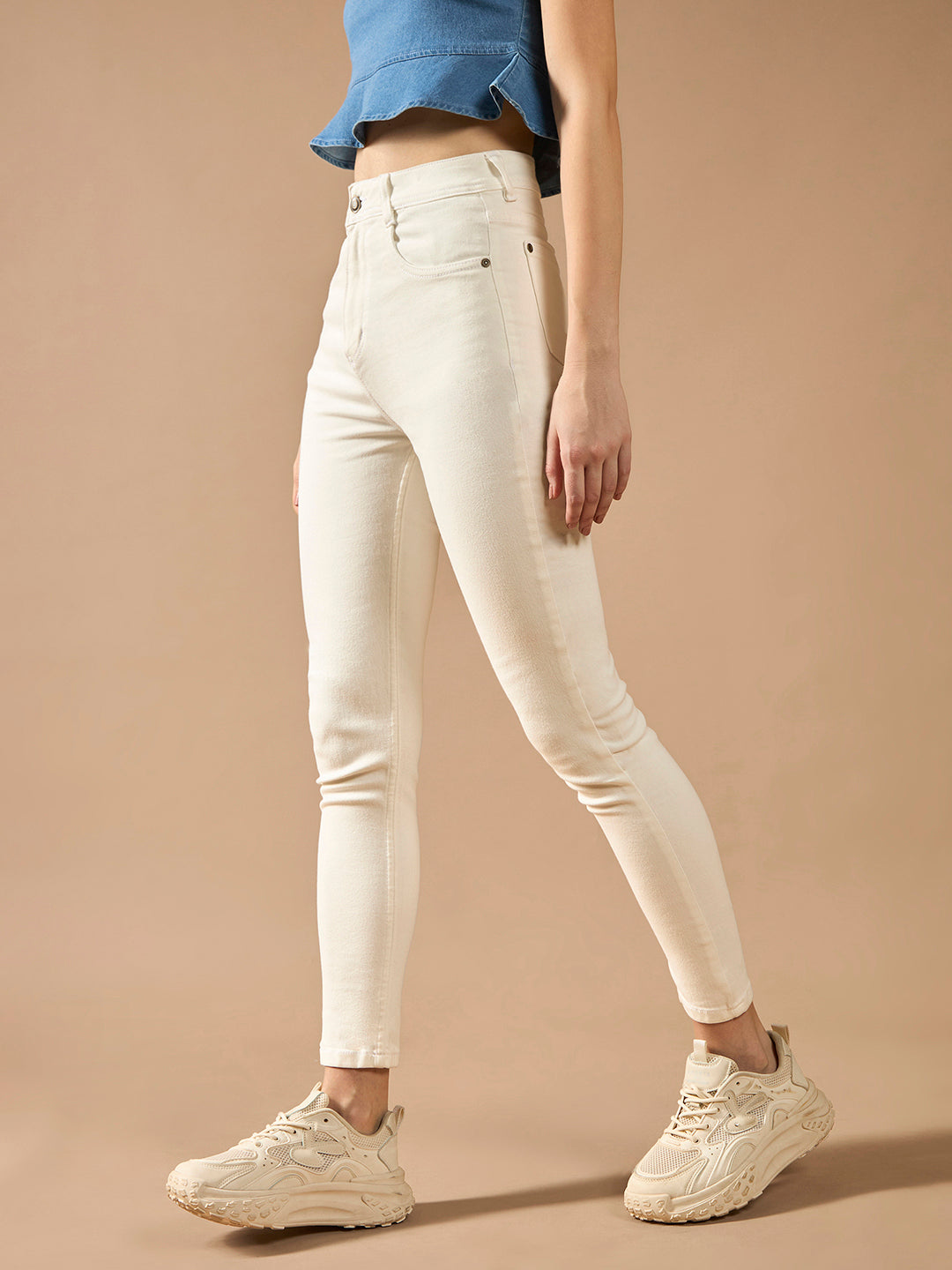 Women's White Skinny Mid-Rise Clean-Look Bleached Regular-Length Stretchable Denim Jeans