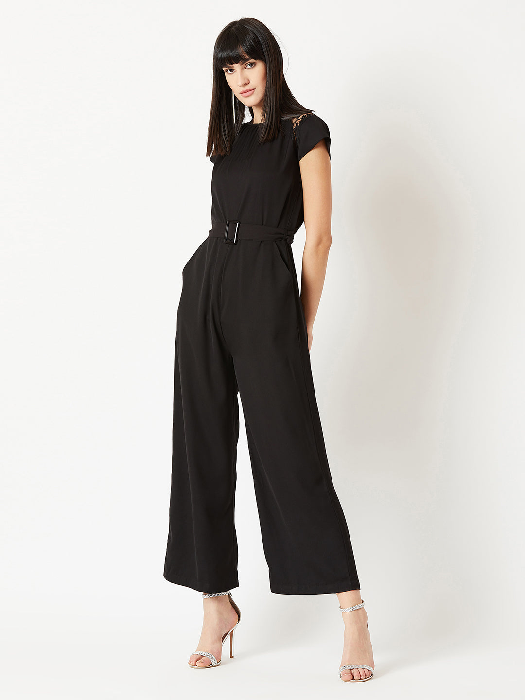 Women's Black Round Neck Cap Sleeve Solid Straight Leg Belted Maxi Jumpsuit