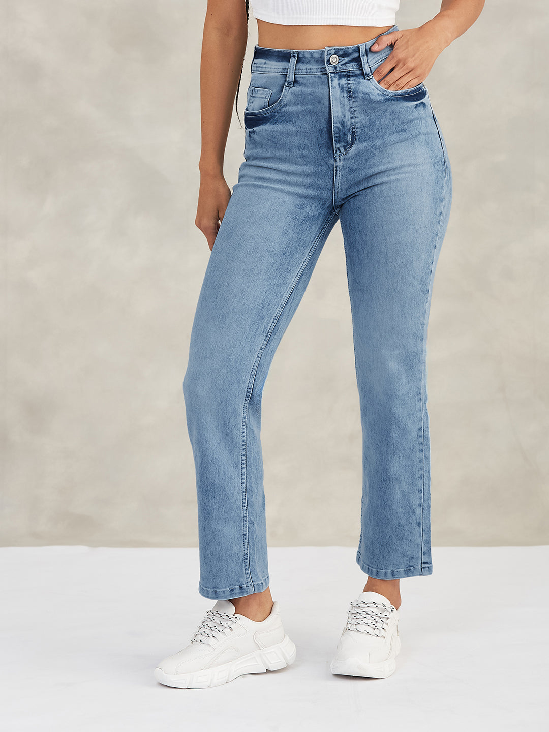Women's Light Blue Wide-Leg Fit High-Rise Stretchable Denim Jeans