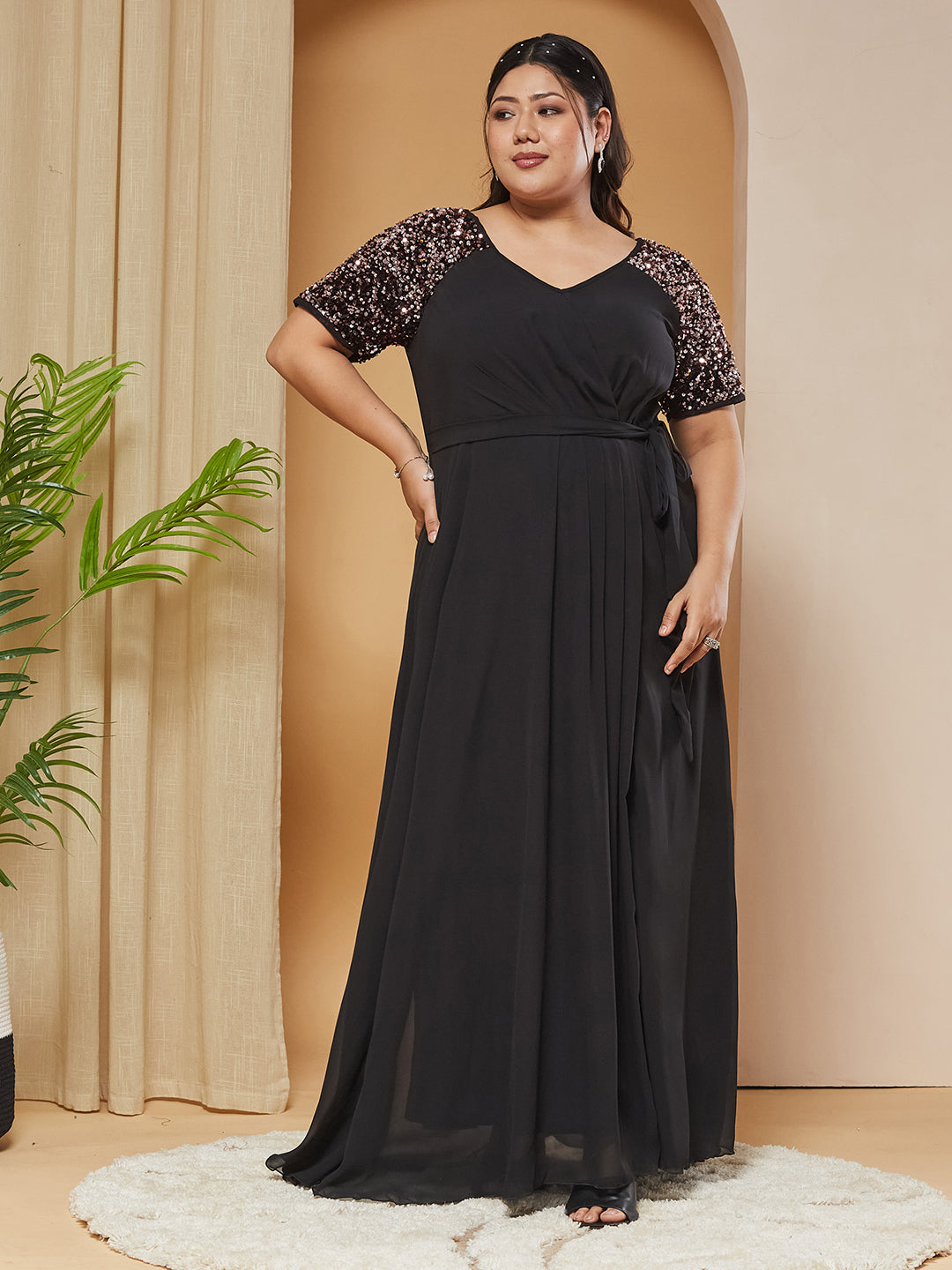 Black Half Sleeves Sequinned Fit and Flare Maxi Dress for Women