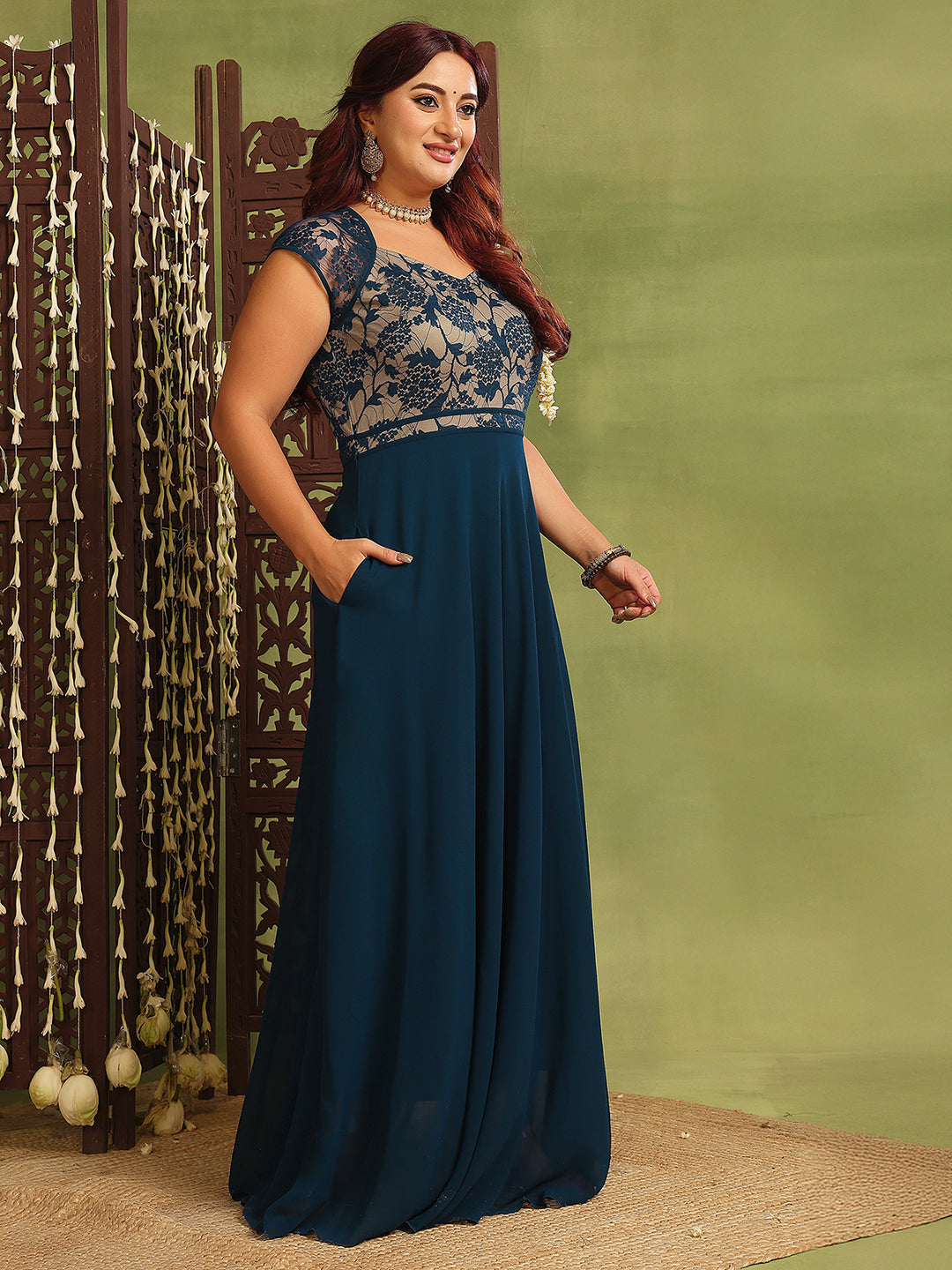 Women's Teal Floral V-Neck Cap-Sleeves Lace-Overlaid Fit & Flare Paneled Maxi Dress