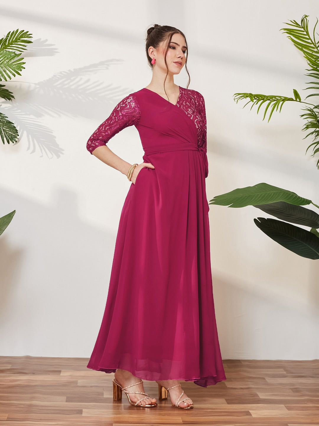 Dark Pink Colored V-Neck Three-Quarter Sleeve Self-Designed Wrap Maxi Georgette Dress for Women