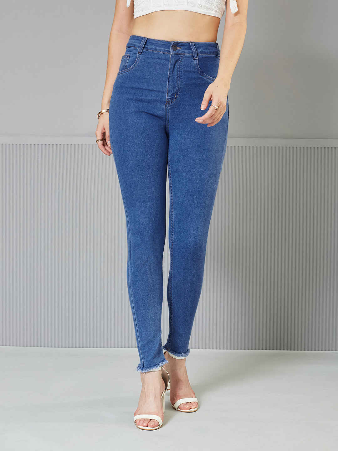 24/7 Comfort Mid-Blue Skinny-Fit High-Rise Cropped Length Fringe Detailing Stretchable Denim Jeans for Women