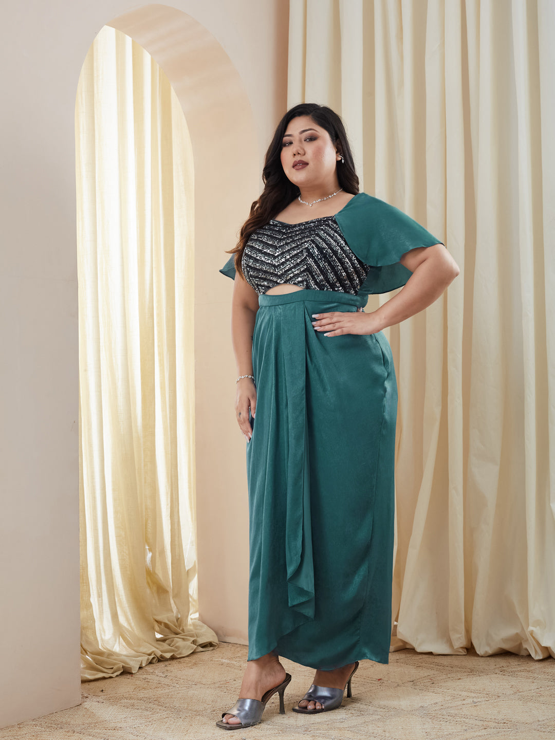 Teal Sweetheart Cape Embellished Draped Satin Maxi Dress for Women