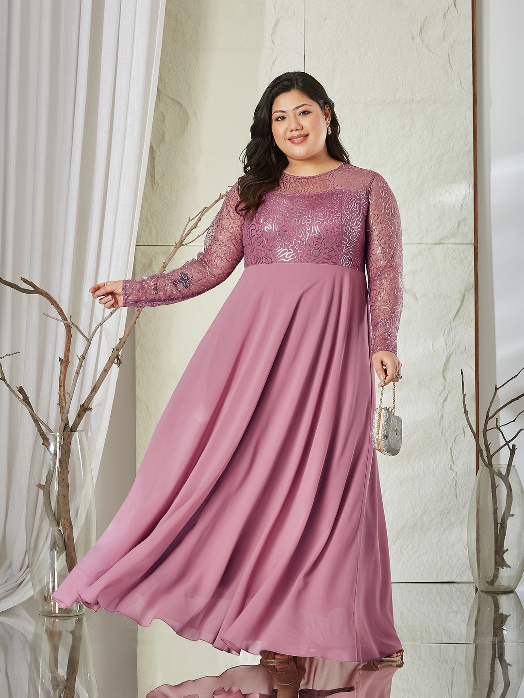Dusty Lavender Solid Embellished Maxi Dress for Women