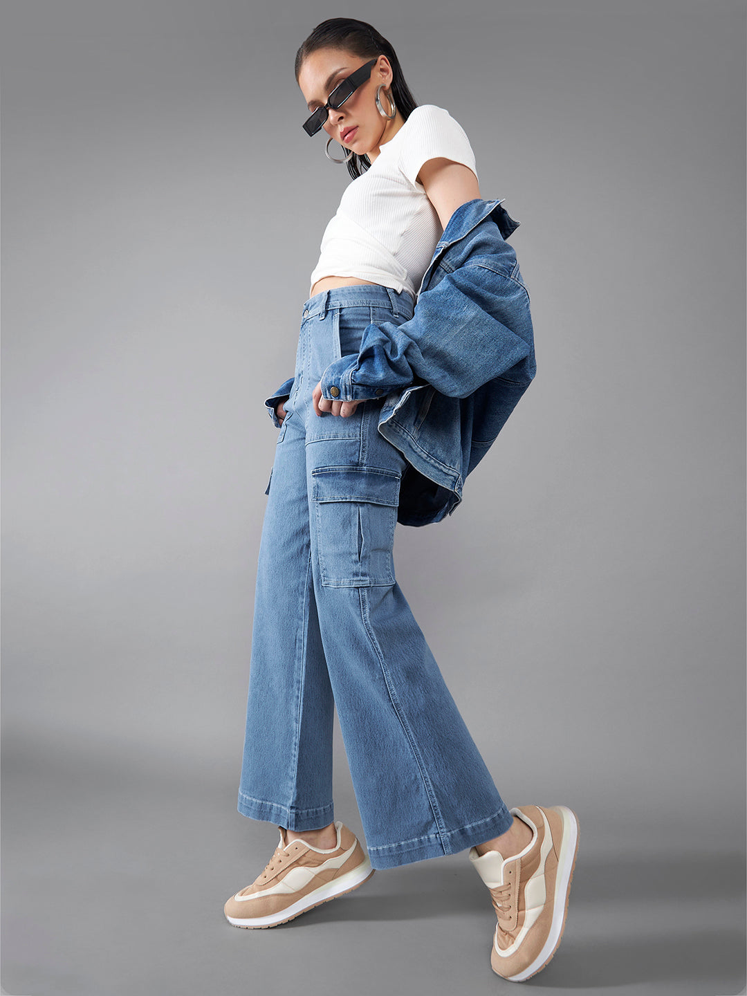 24/7 Comfort Women's Mid Blue Wide Leg High Rise Stretchable Denim Jeans