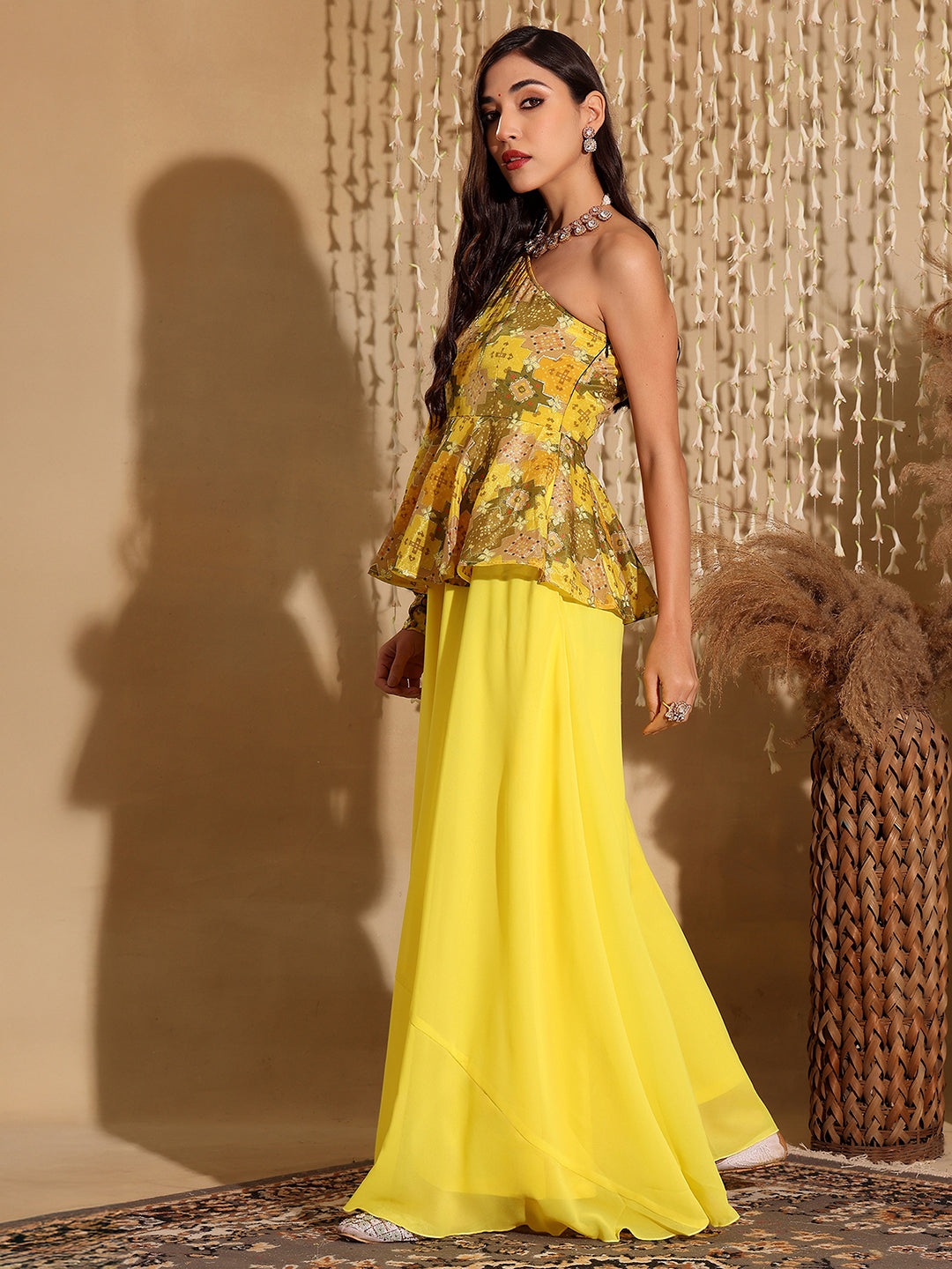 Women's Multicolored-Base-Yellow  Geometric One Shoulder Neck Bishop Sleeves Georgette Layered Regular-Length Jumpsuit