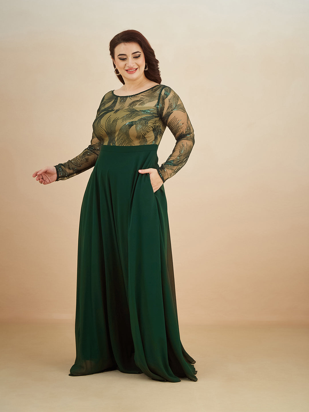 Green & Beige Solid Embellished Maxi Dress for Women