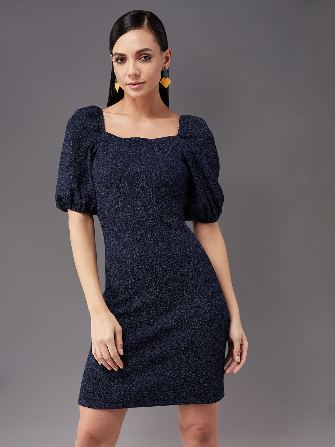 Women's Navy Blue Square Neck Puff Half sleeve Solid Bodycon Knee-Long Dress