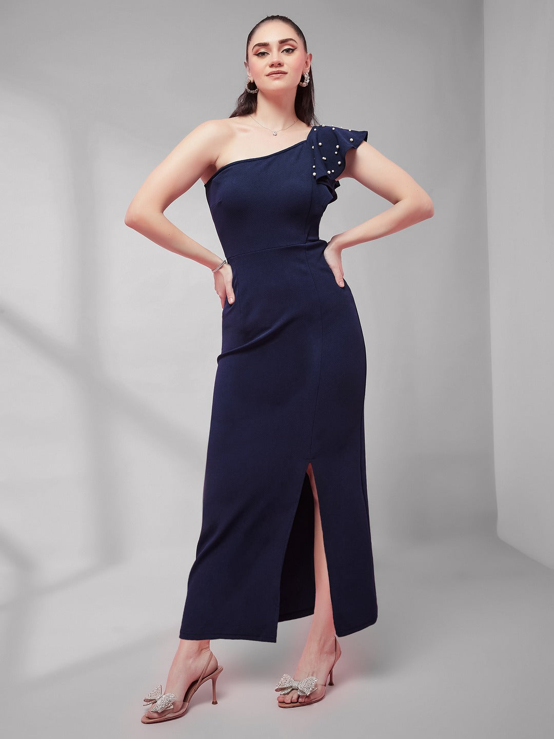 Navy Blue One-Shoulder Sleeveless Cotton Solid Ruffled Pearl And Slit Detailing Maxi Bodycon Dress for Women