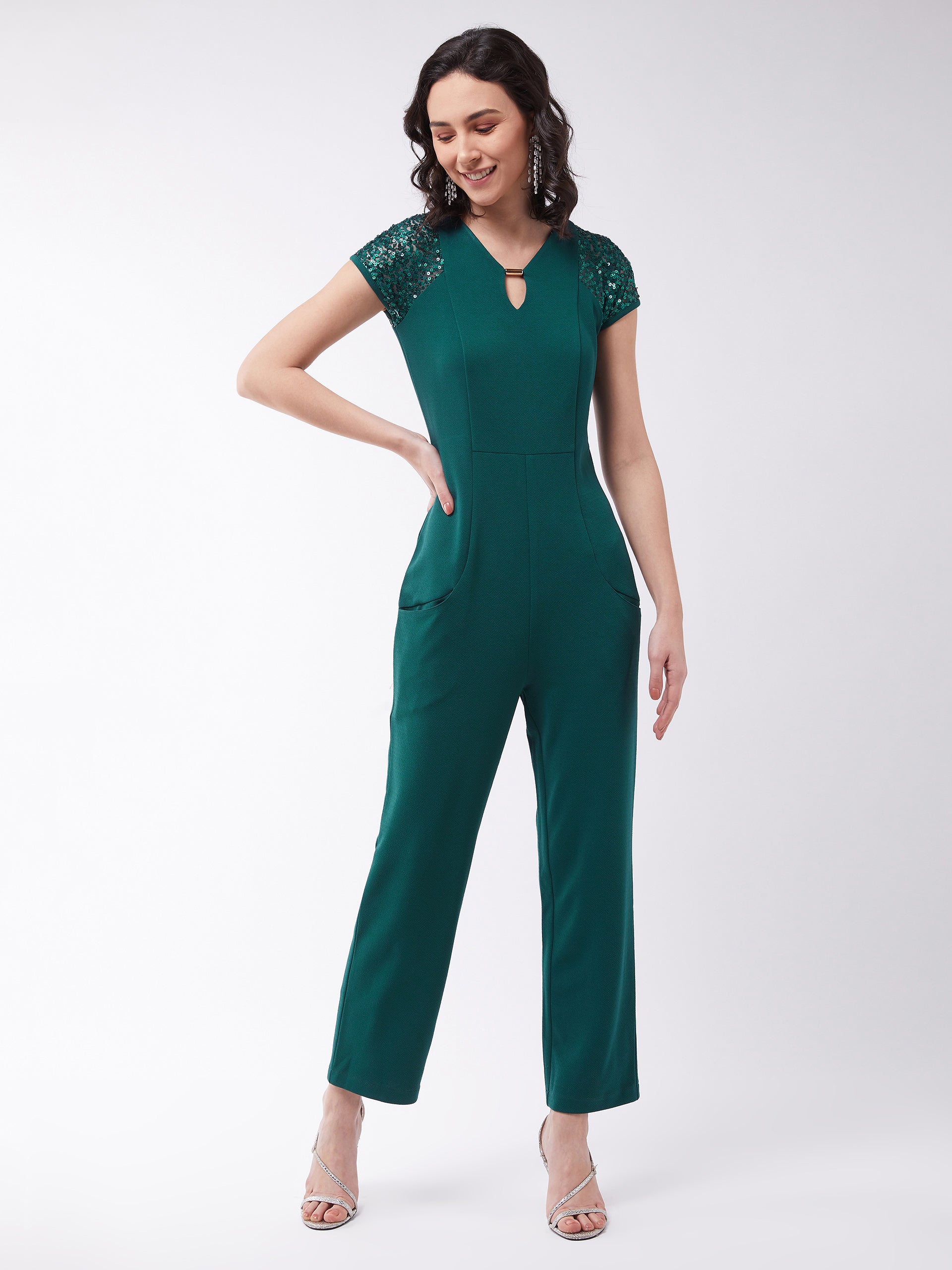 Crease Ease Women's Green Solid V -Neck Short Sleeve Sequin Panel Embellished Jumpsuit