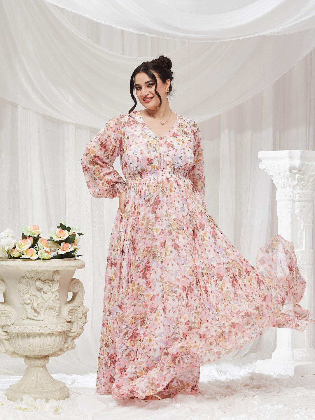 Pink V-Neck Smocked Bishop Sleeve Floral Gathered Chiffon Maxi Dress for Women