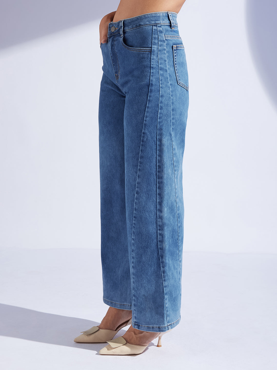 Women's Mid Blue Wide Leg High-Rise Curved Panel Stretchable Denim Jeans