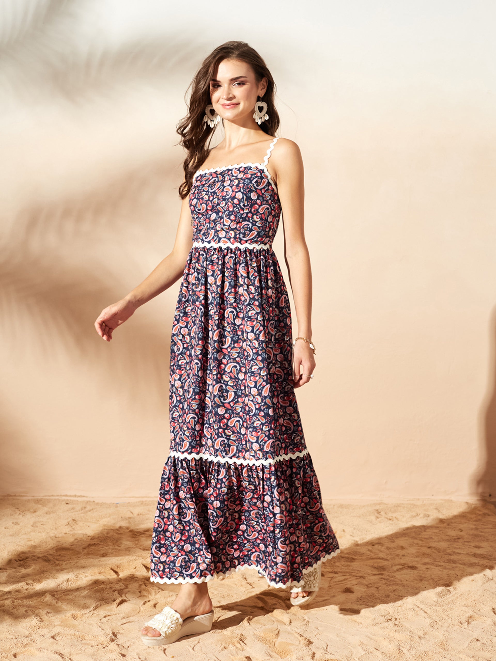 Navy Bohemian Multicolored Tiered Maxi Dress with Square Neck and Smocked Back for Women