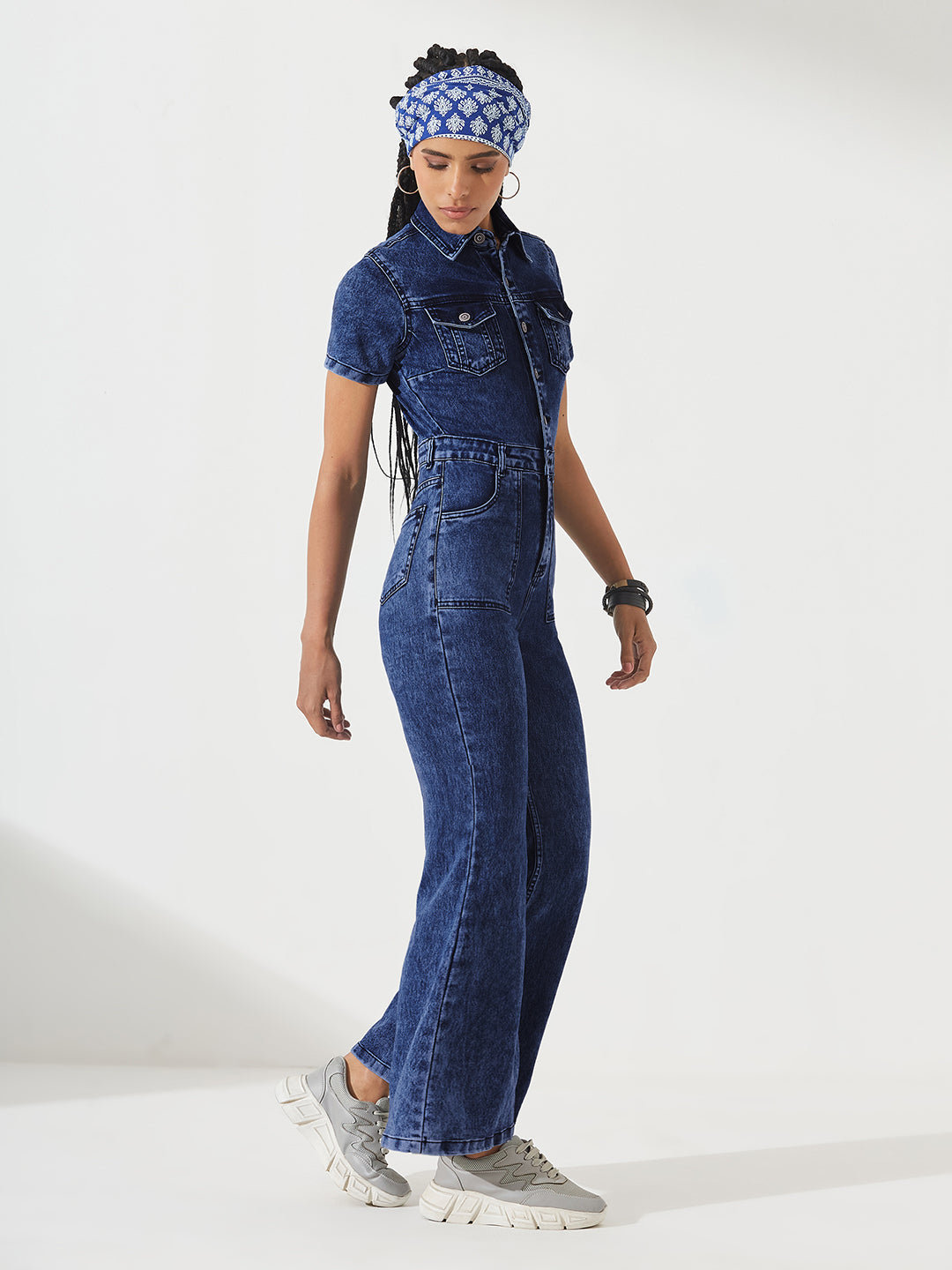 Black Flared High-Rise Stretchable Denim Jumpsuit for Women