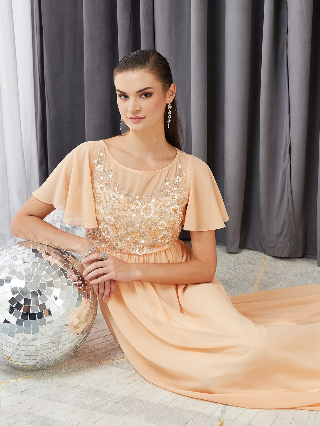 Women's Peach Boat Neck Half Sleeve Solid Embellished Georgette Maxi Dress