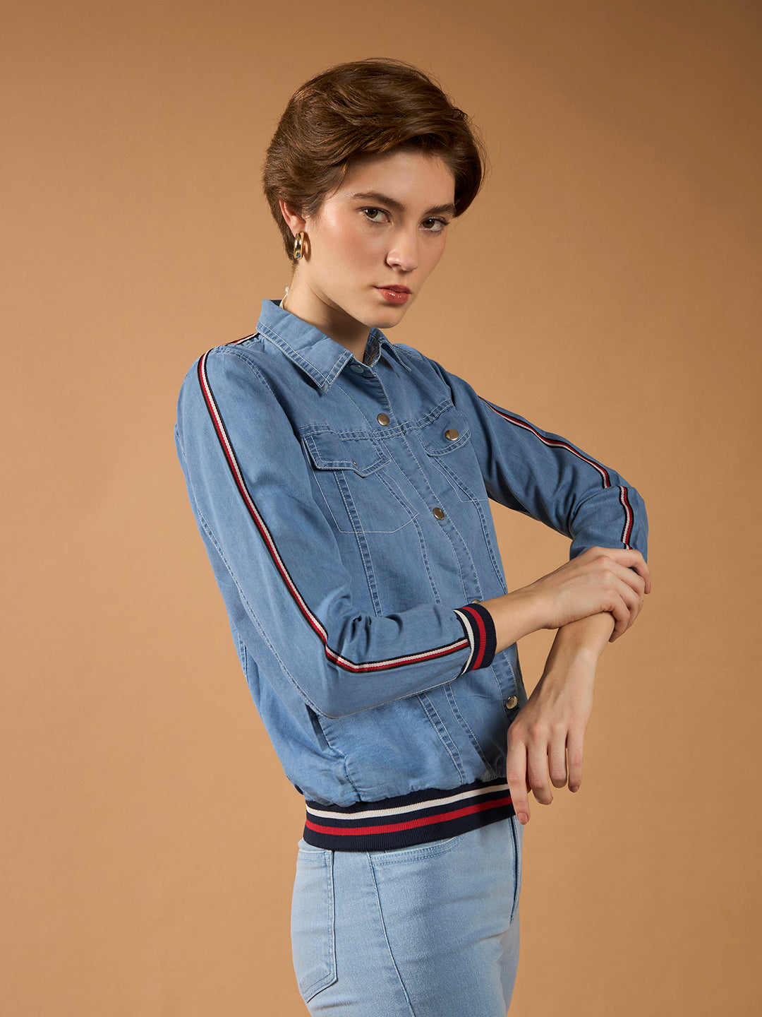 Women's Light Blue Polo Neck Full Sleeve Solid Buttoned Rib And Twill Tape Detailing Bomber Denim Jacket