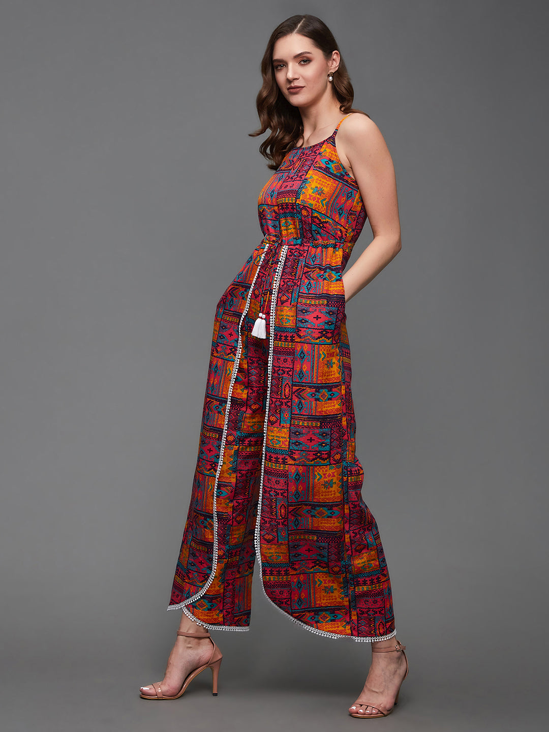 Women's Multicolored-Base-Wine Round Neck Cowl Sleeve Floral Wide-leg Viscose-Rayon Regular Length Jumpsuit