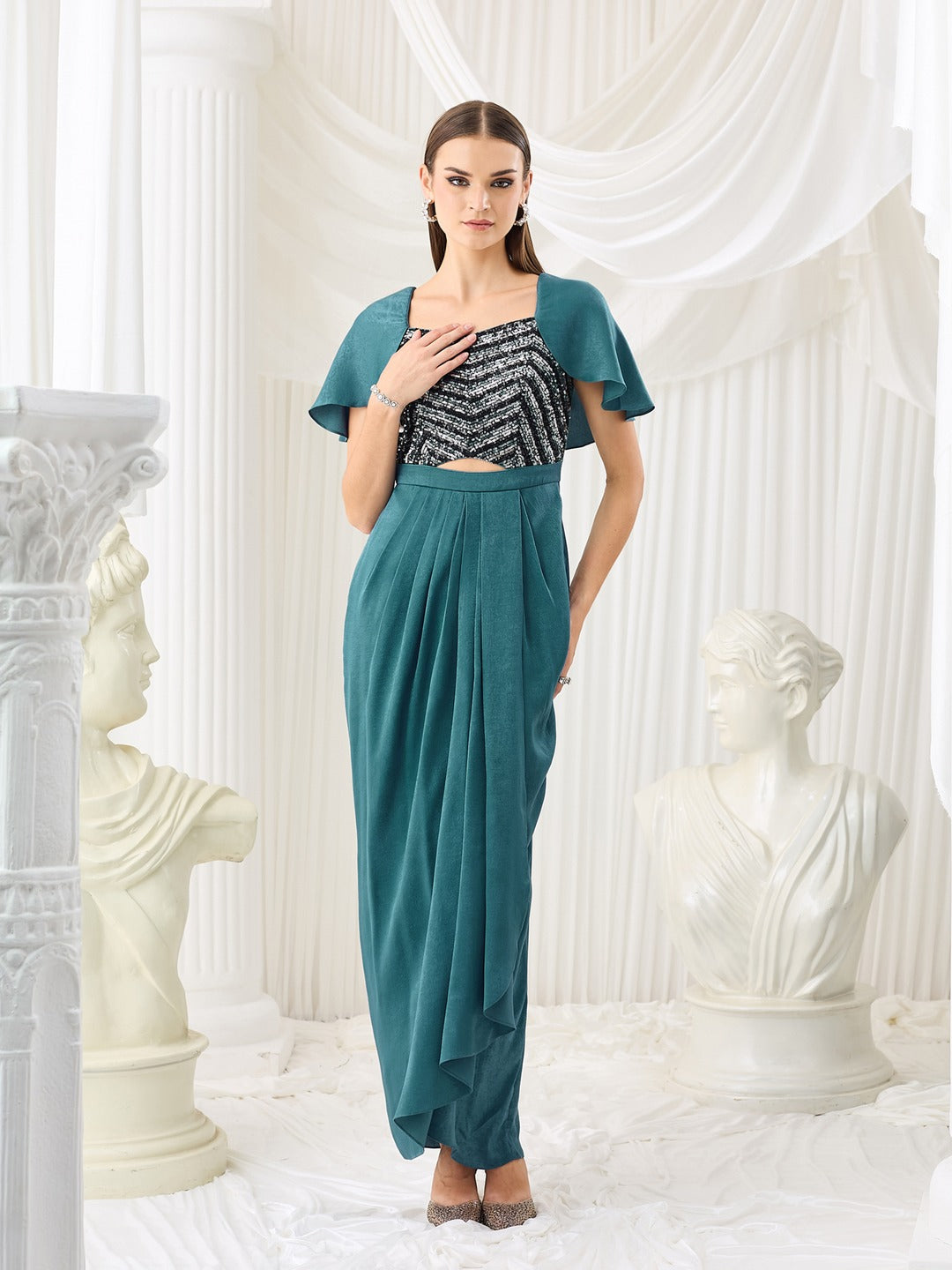 Teal Sweetheart Cape Embellished Draped Satin Maxi Dress for Women