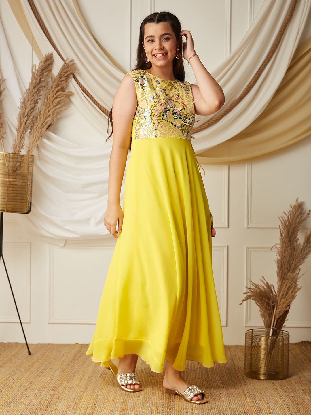 Multicolored-Base-Light Yellow Round-Neck Sleeveless Embellished Flared Polyester Maxi Dress