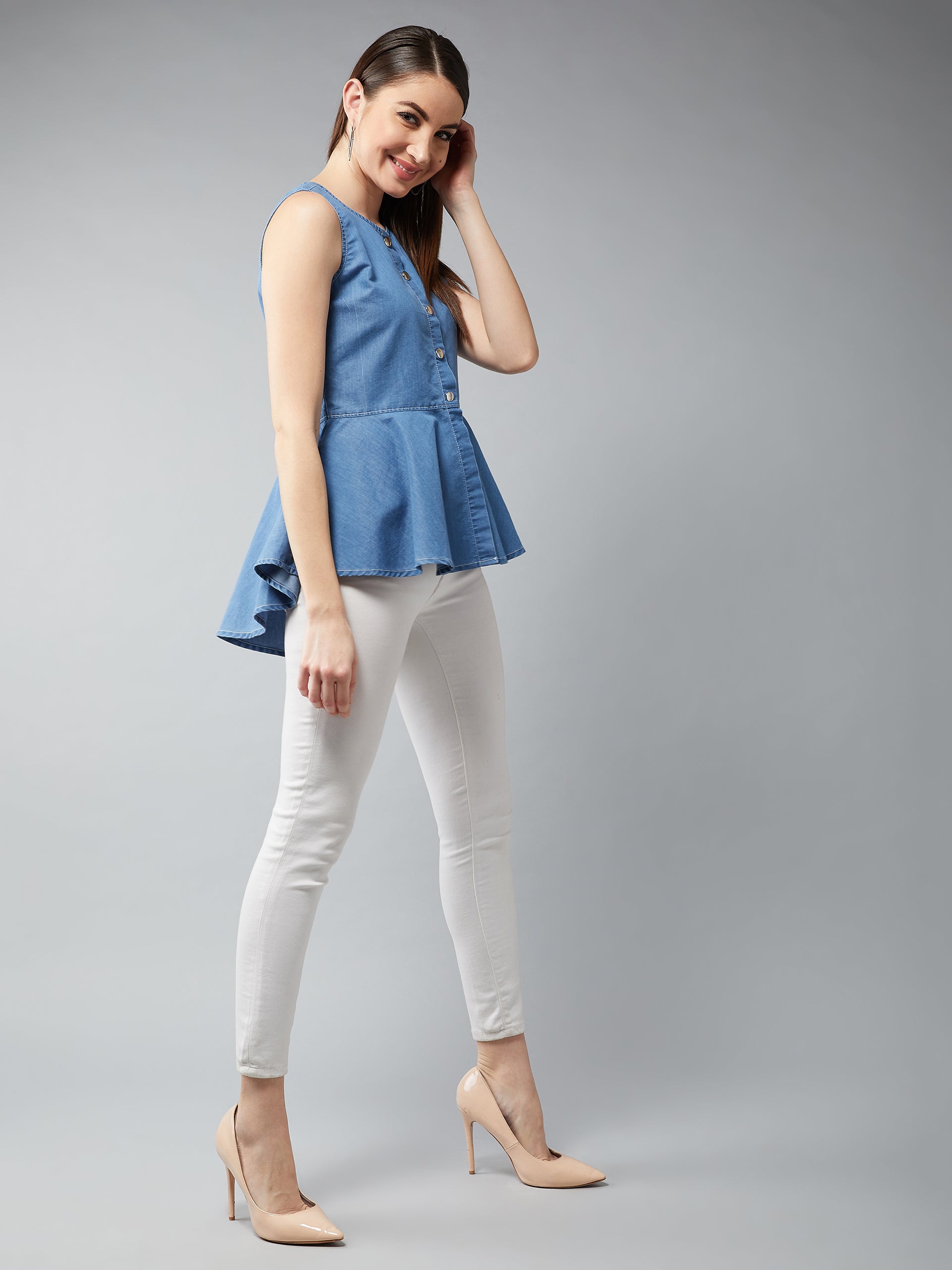 Women's Blue Round Neck Sleeveless Denim Front Open Solid Hooded Peplum Top