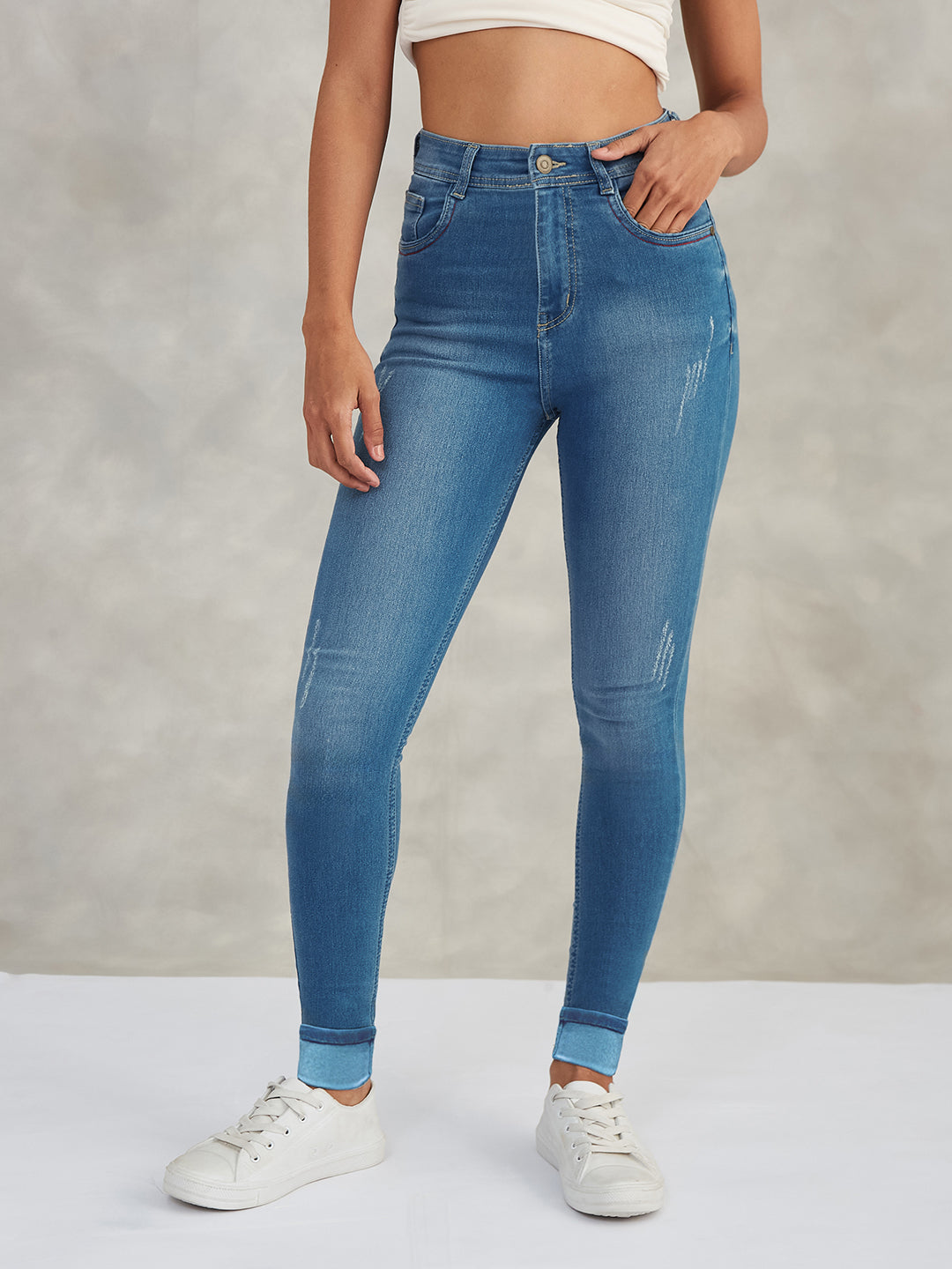 Women's Blue Skinny High-Rise Twill Tape Detailing Scraped Stretchable Denim Jeans