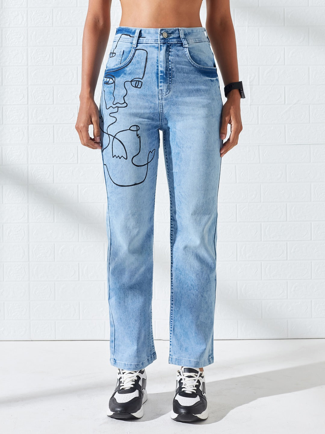 Hand-Painted Light Blue Mom Fit High-Rise Heavy Wash Stretchable Denim Jeans For Women