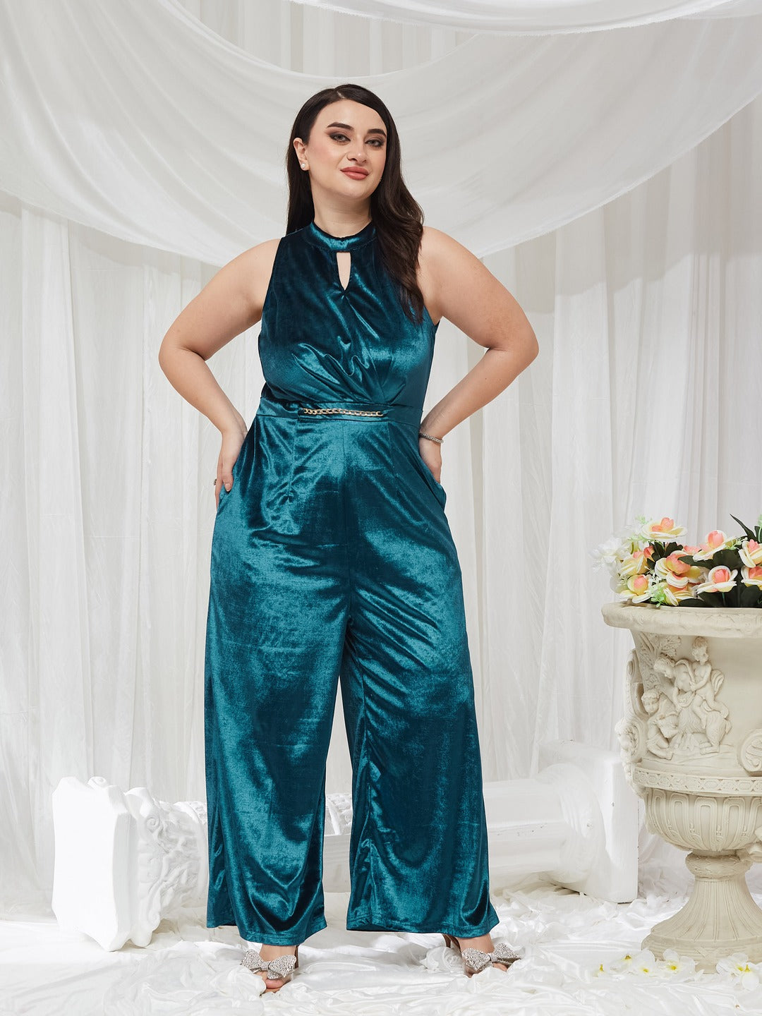 Teal Choker Neck Sleeveless Solid Pleated Regular Jumpsuit for Women