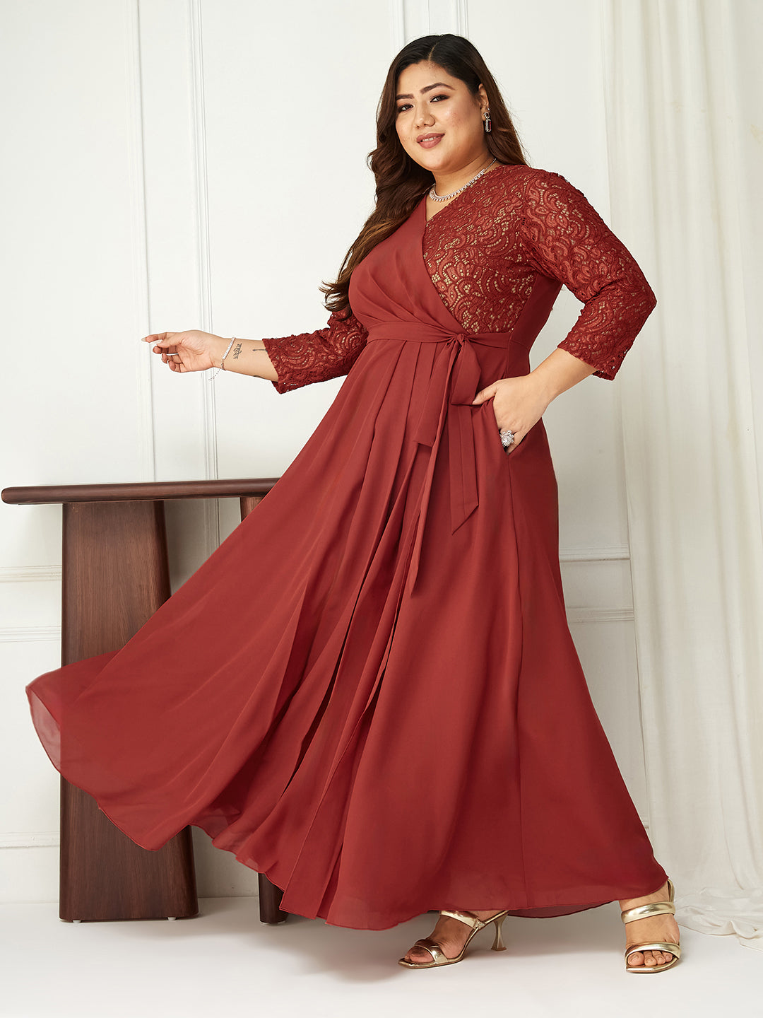 Women's Brick Red V-Neck 3/4 Sleeve Self-Designed Wrap Styled Georgette Maxi Dress