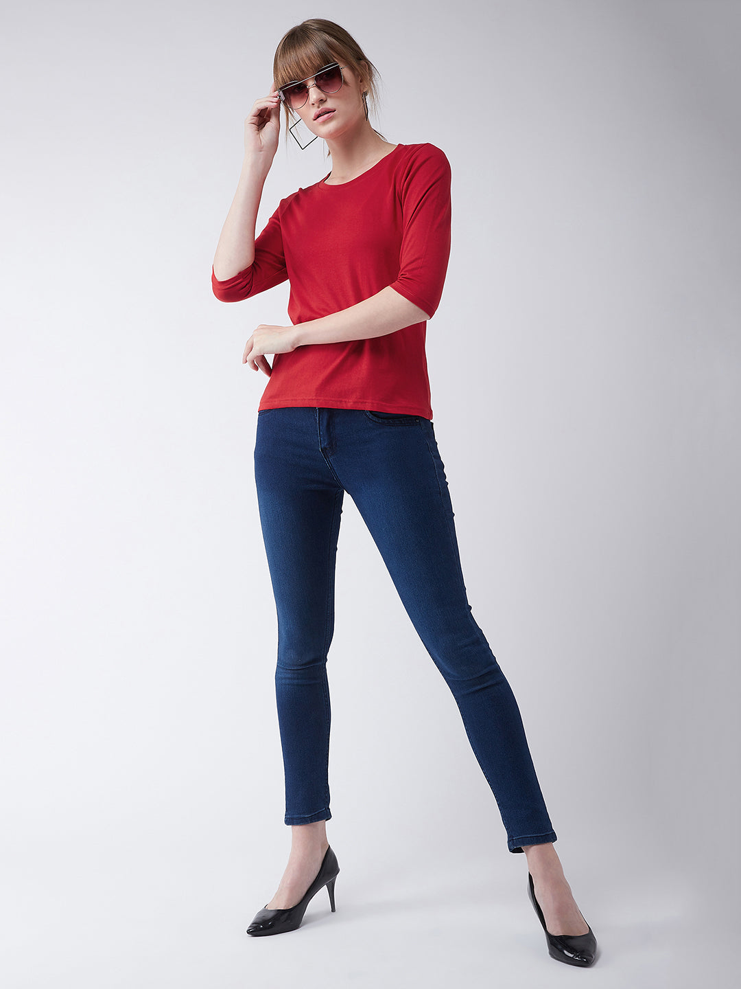 Women's Red Round Neck 3/4 Sleeves Solid Basic Top