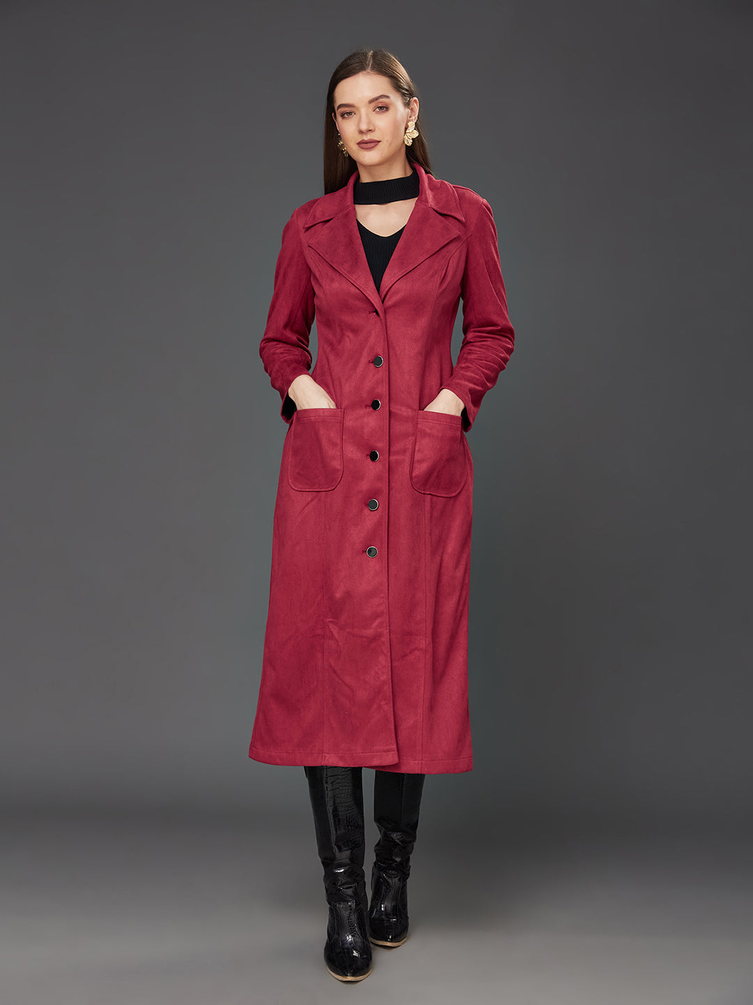 Women's Dark Red Solid V-Neck Full Sleeves Patched Pocketed Polyester Button Down Longline Winter Wear Blazer Jacket