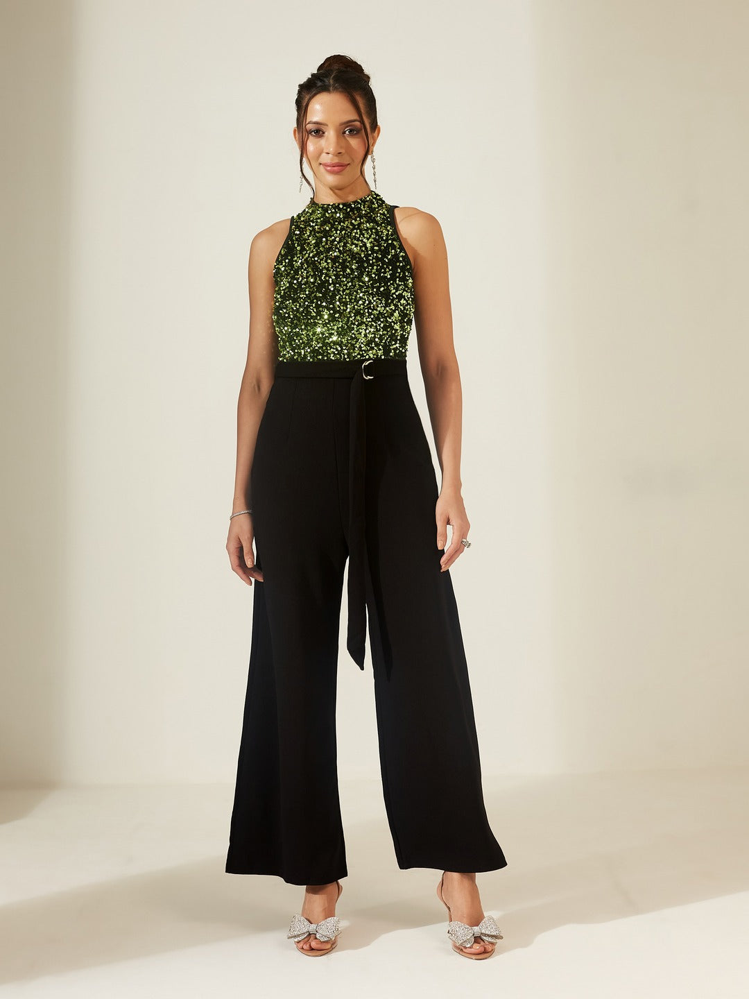 Black And Green Halter Neck Sleeveless Embellished Regular-Length Jumpsuit for Women