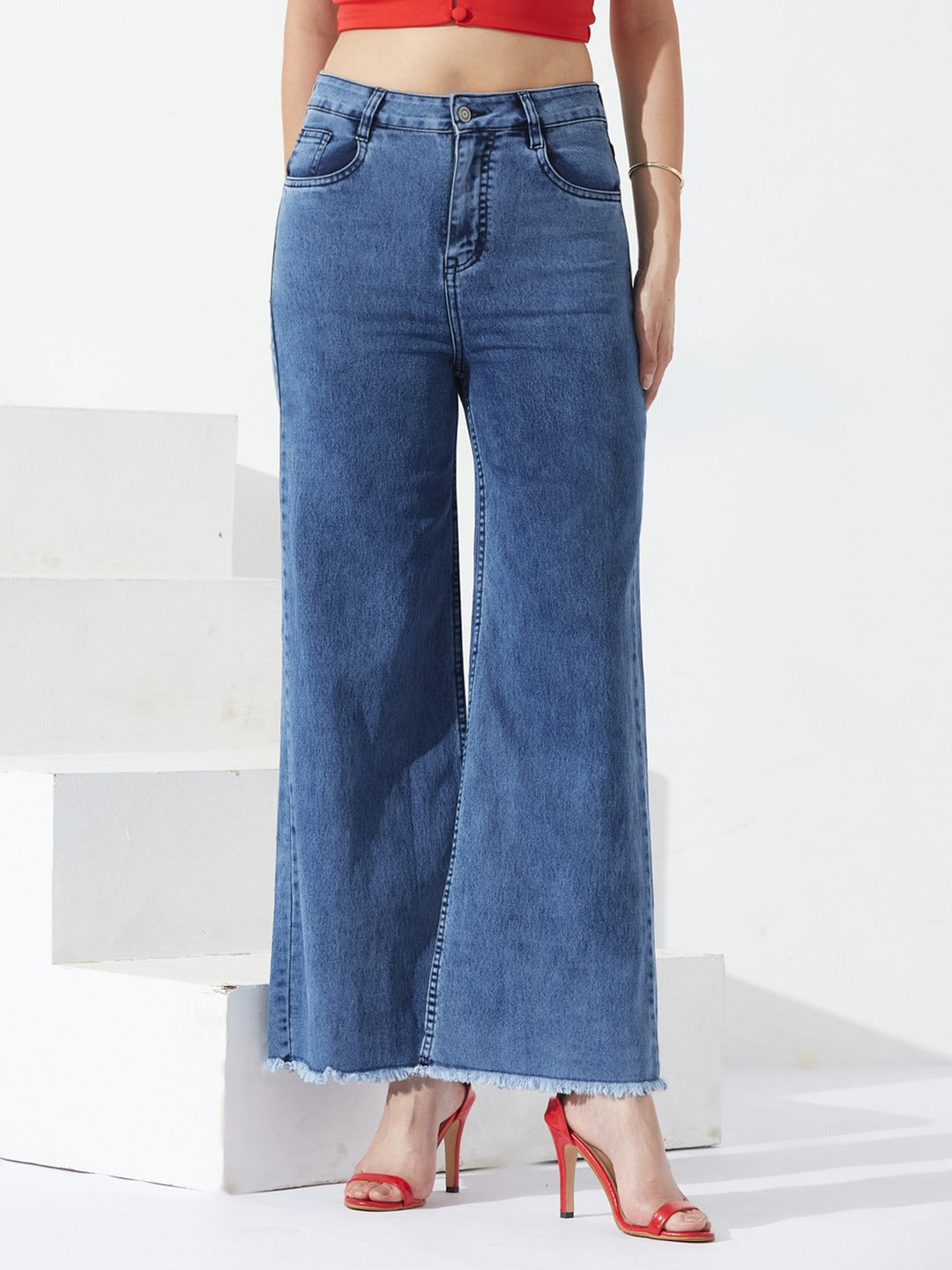 Mid-Blue Wide-Leg high-rise Stretchable Denim Jeans for Women