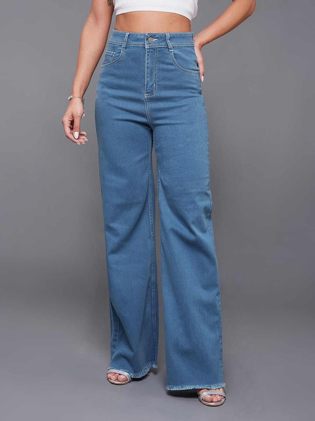 24/7 Comfort Women's Blue Wide-Leg High-Rise Regular-Length Stretchable Denim Jeans