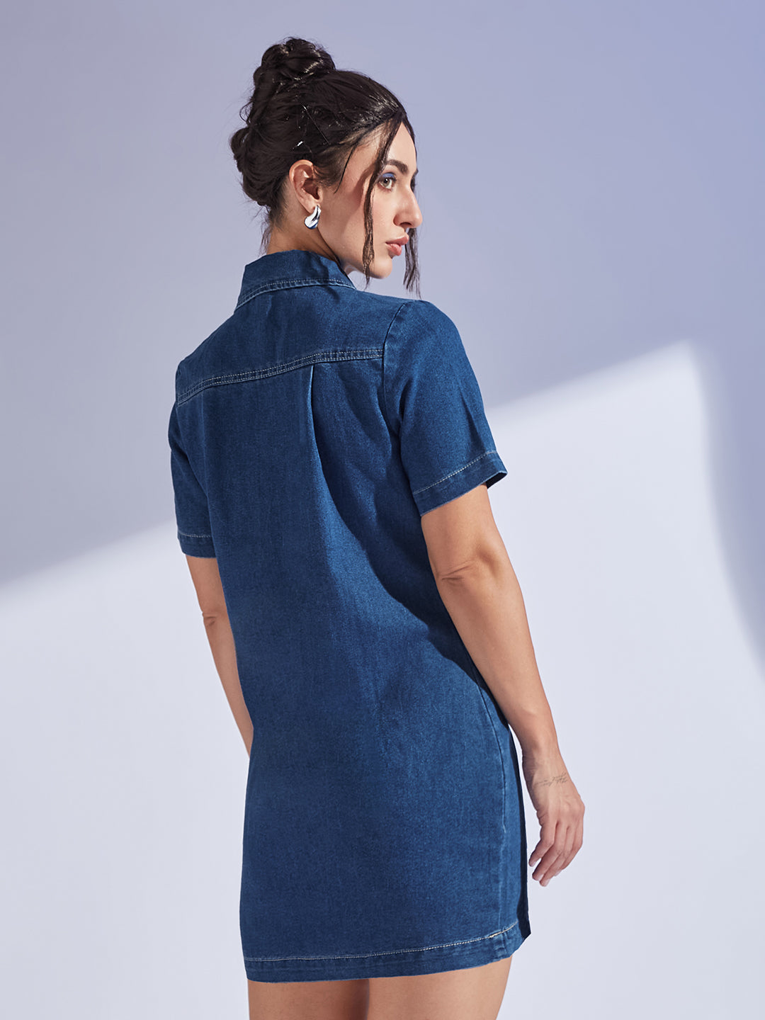 Women's Dark Blue Collared Half Sleeve Princess Seam Sheath Mini Dress