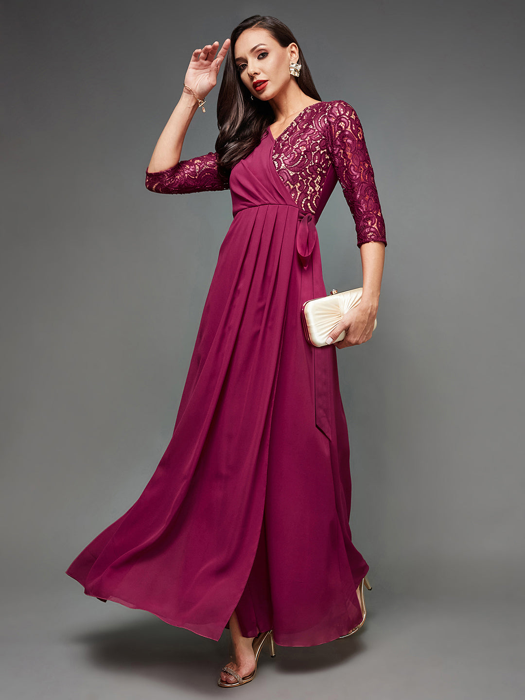 Women's Dark Pink Colored V-Neck Three-Quarter Sleeve Self-Designed Wrap Maxi Georgette Dress