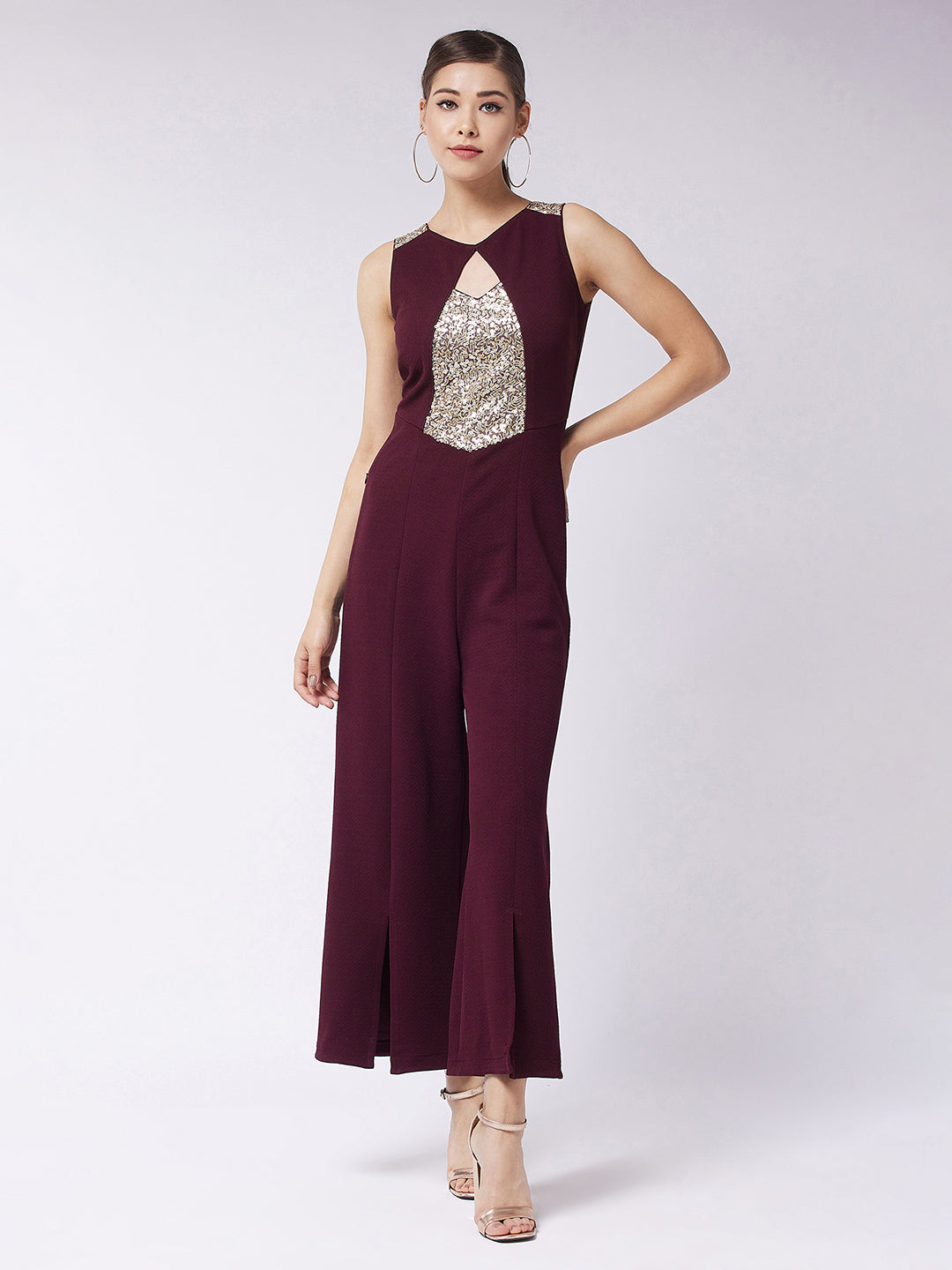 Crease Ease Women's Wine Round Neck Sleeveless Solid Paneled Jumpsuit