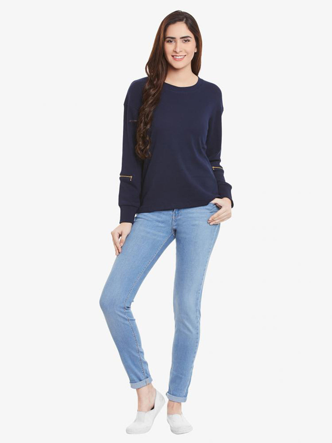 Women's Navy Blue Solid Round Neck 3/4 Sleeve Regular Length Top