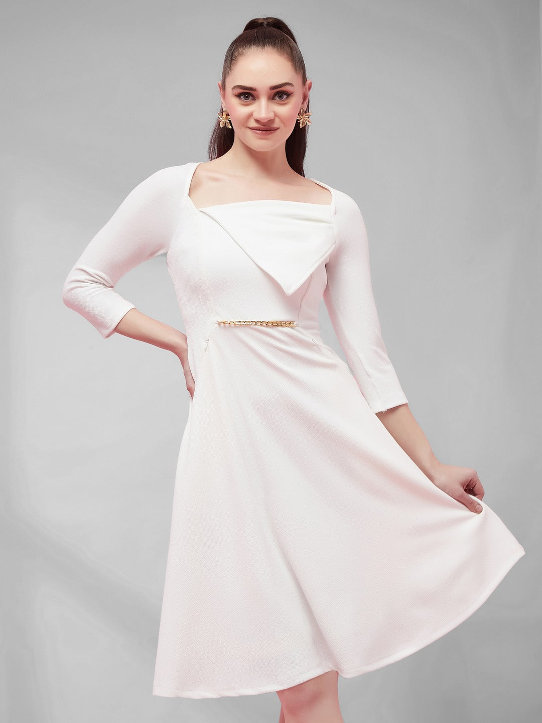 Off White Solid Square Neck Raglan Sleeves Side Pocketed Polyester Fit and Flare Knee-Length Dress for Women
