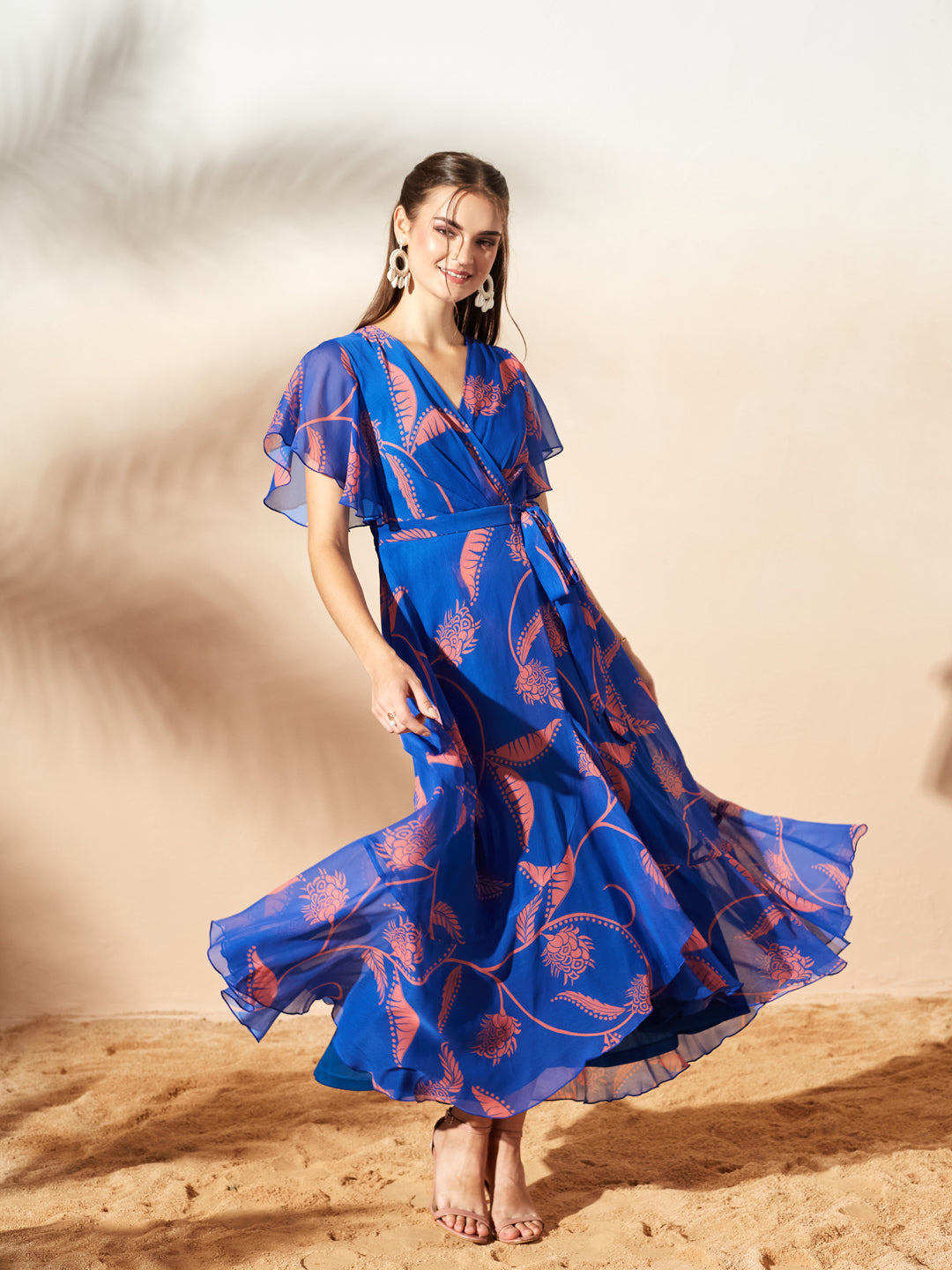 Royal Blue And Coral V-Neck Flared Floral Overlap/Tie-Up Maxi Chiffon Dress for Women